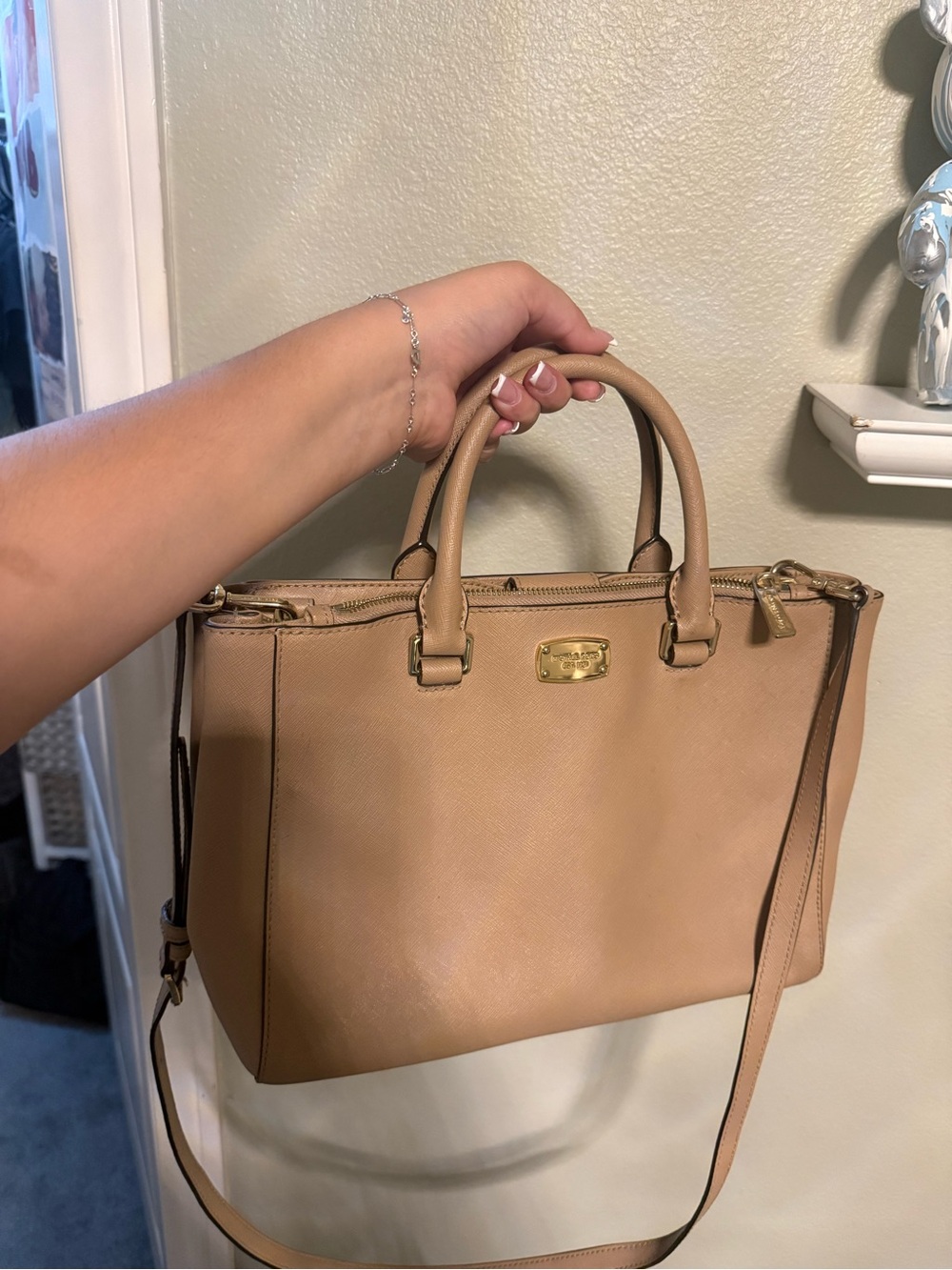 Michael Kors Beige/Tan Leather Satchel with Gold Hardware